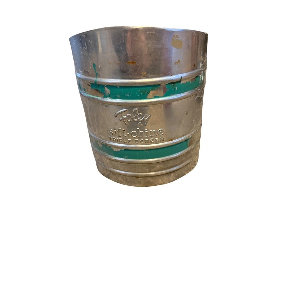 Vintage Foley Sifter Triple Screen Flour Sifter Aluminum Green Stripe Squeeze